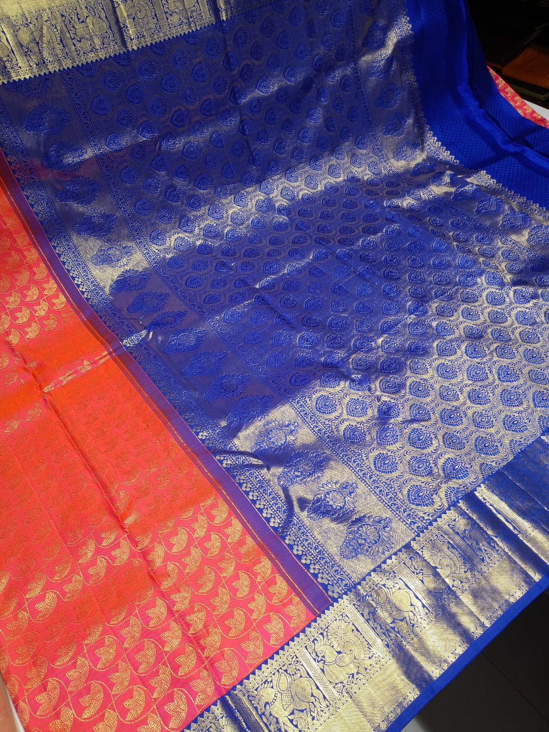 Coral And Dark Blue Kanchipuram Silk Saree - A7010