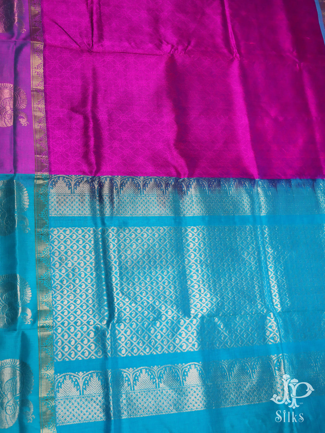 Rani Pink and Sky Blue Silk Cotton Saree - D1187 - View 4