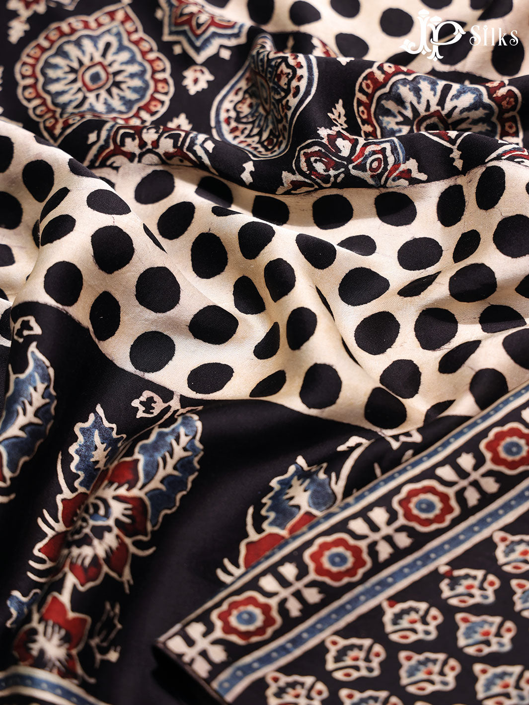 Black , White and Maroon Ajrakh Printed Modal Silk Fancy Saree - E4570 - View 5
