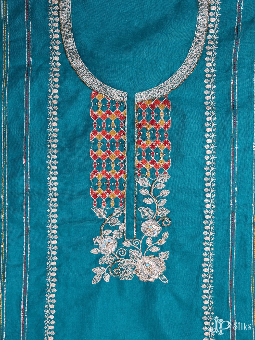 Blue Organza Unstiched Chudidhar Material - E3598 - View 2