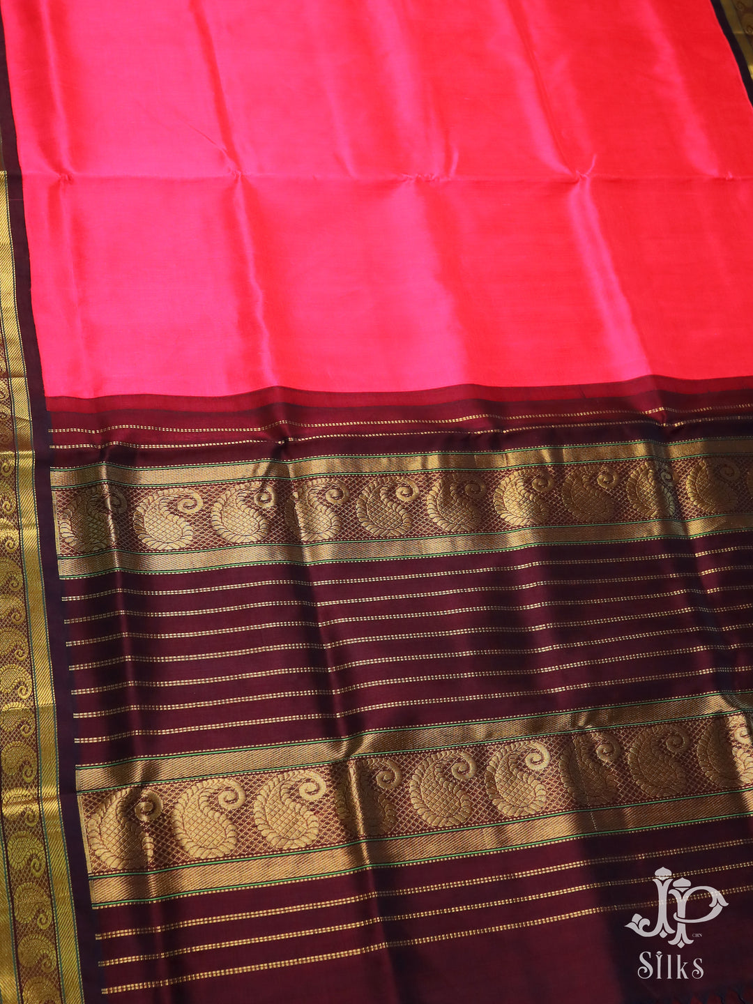 Hot Pink and Brown Silk Cotton Saree - D8236 - View 3