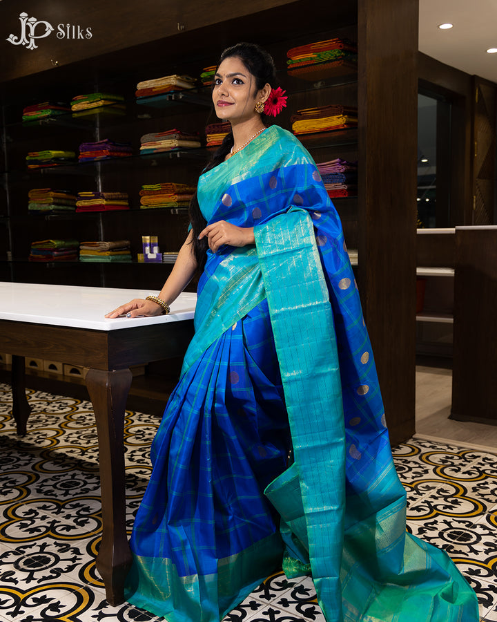 Dual Shade Blue And Peacock Green Pure Kanchipuram Silk Saree - F3372