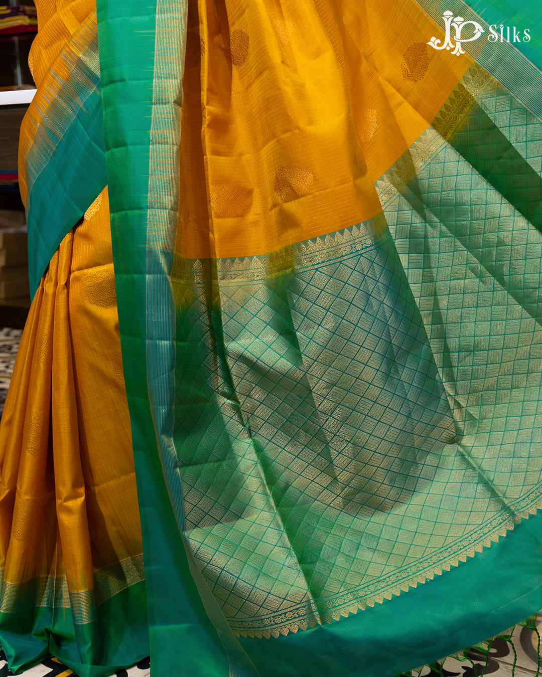 Yellow And Teal Green Soft Silk Saree - F2749