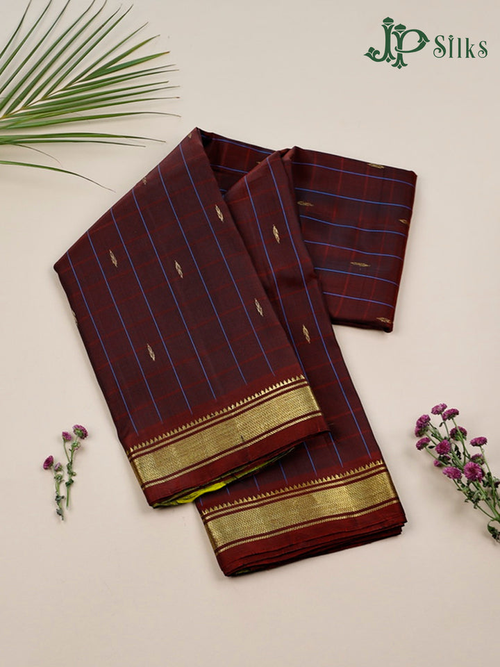 Dark Brown And Olive Green Kanchipuram Pure Silk Saree - D9609