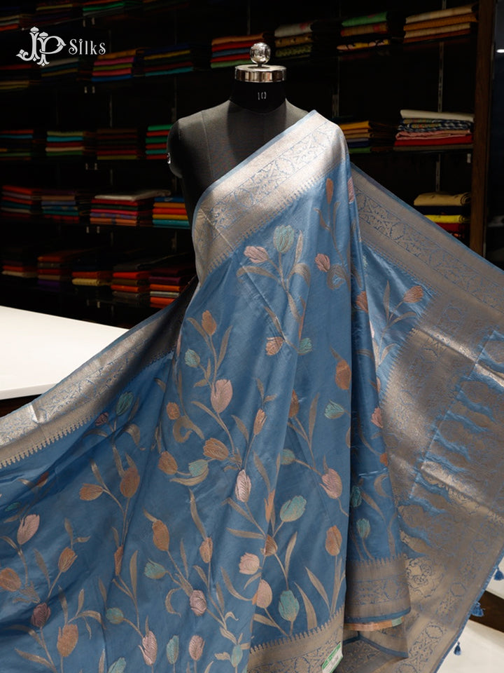 Greyish Blue Semi Banarasi Saree - F3127-view1