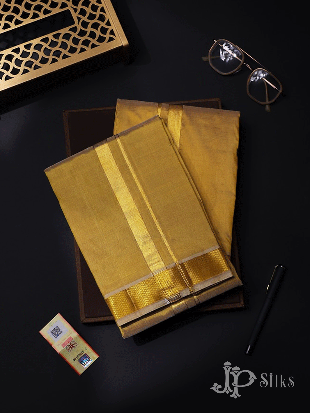 Beige and Gold Pure Silk Dhoti for Men - D7671 