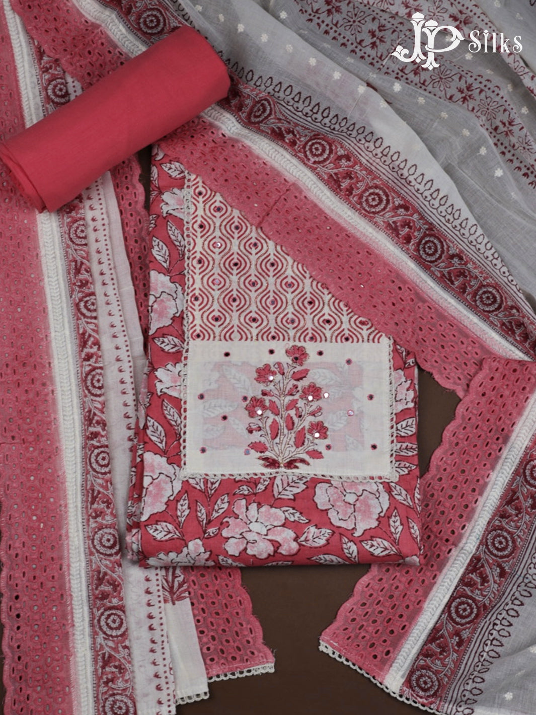 White and Punch Pink Chudidhar Material - F27 - View 1