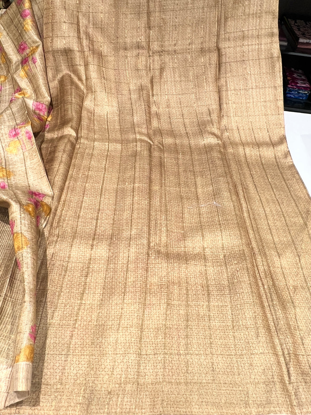 Beige Tussar Silk Saree - A7164