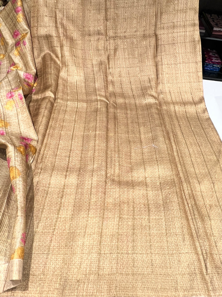 Beige Tussar Silk Saree - A7164