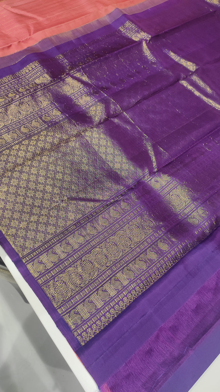 Peachy Pink And Purple Kanchipuram Silk Saree - E4523