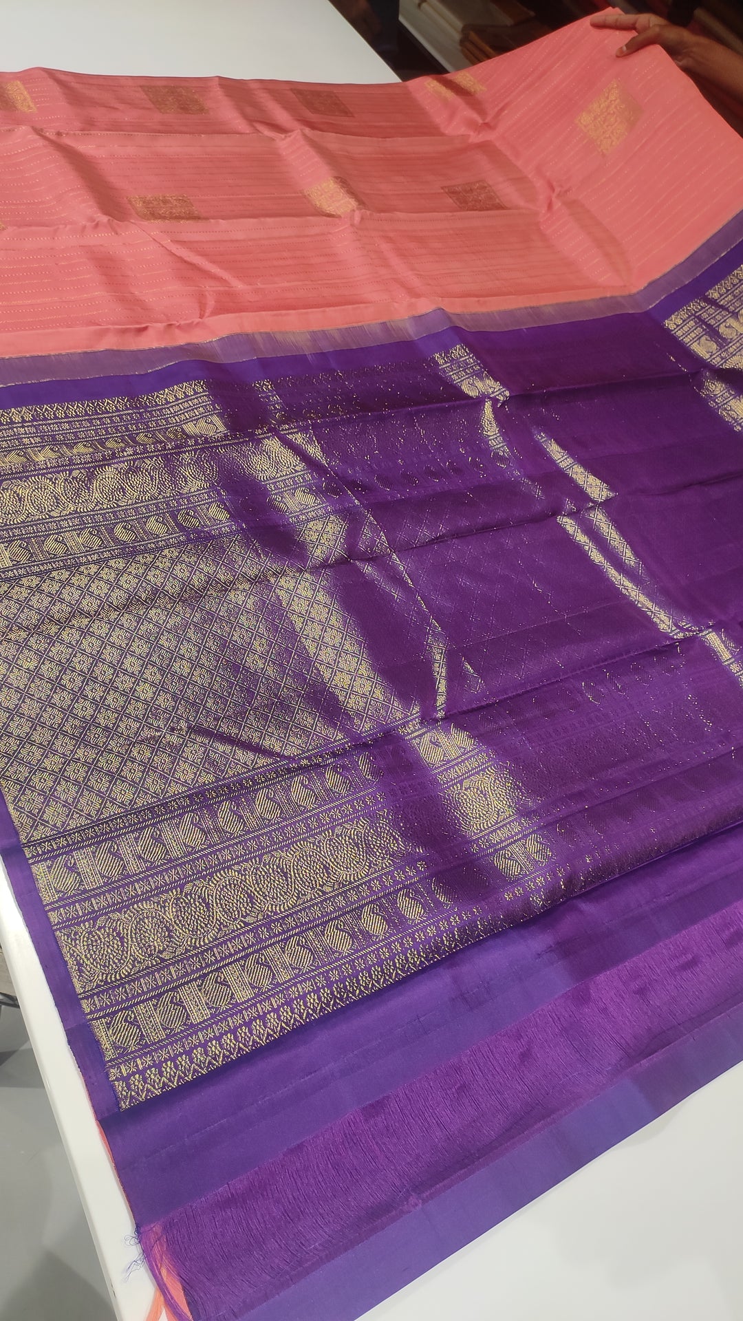 Peachy Pink And Purple Kanchipuram Silk Saree - E4523
