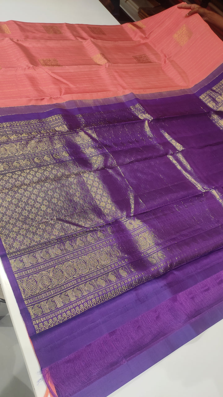 Peachy Pink And Purple Kanchipuram Silk Saree - E4523