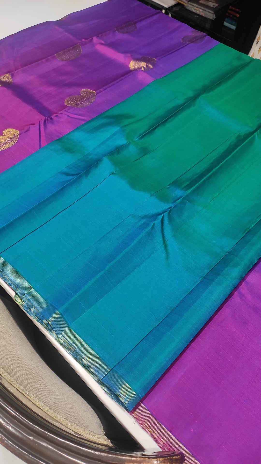 Purple And Peacock Blue Kanchipuram Silk Saree - E2497