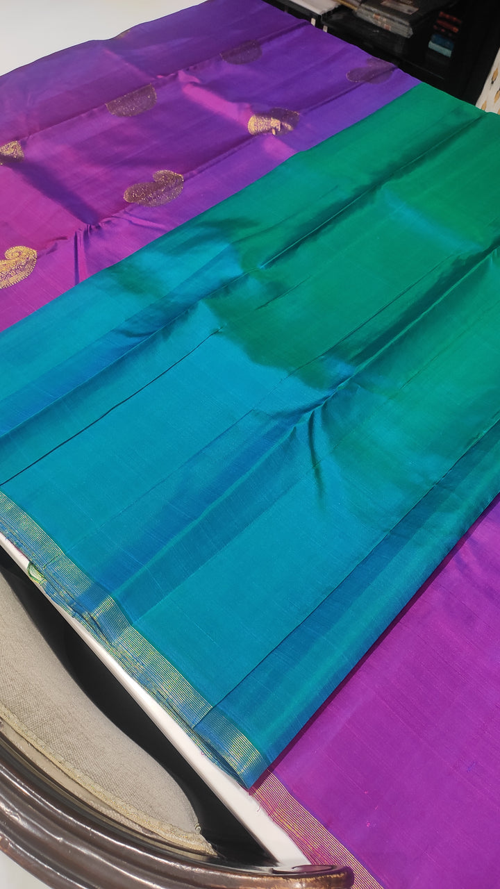 Purple And Peacock Blue Kanchipuram Silk Saree - E2497
