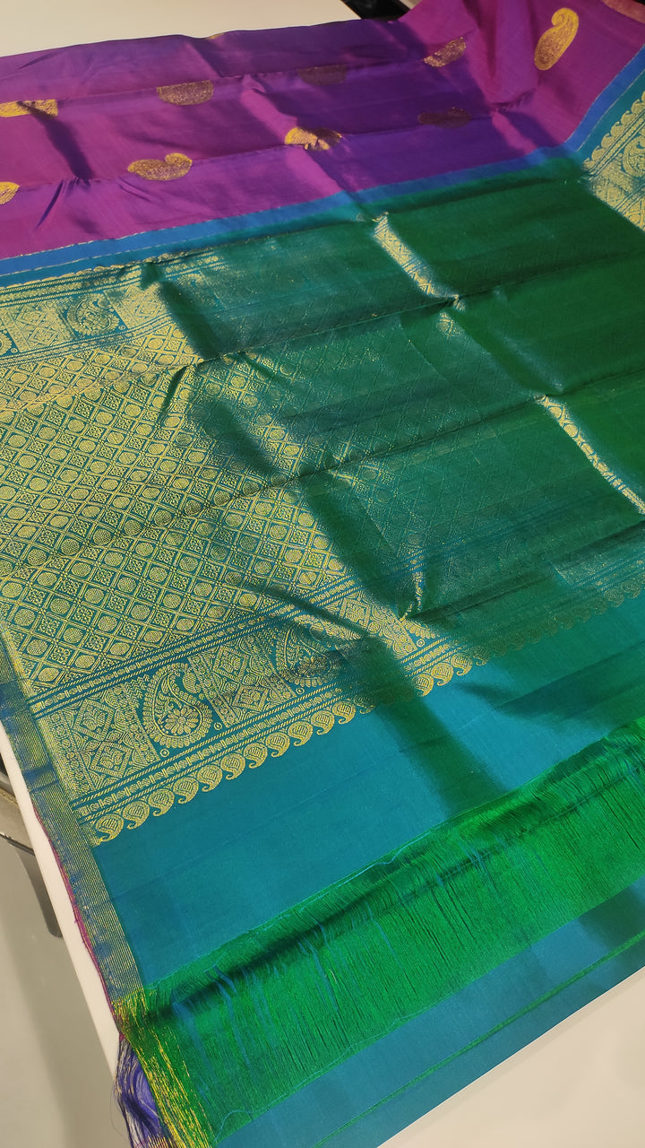 Purple And Peacock Blue Kanchipuram Silk Saree - E2497