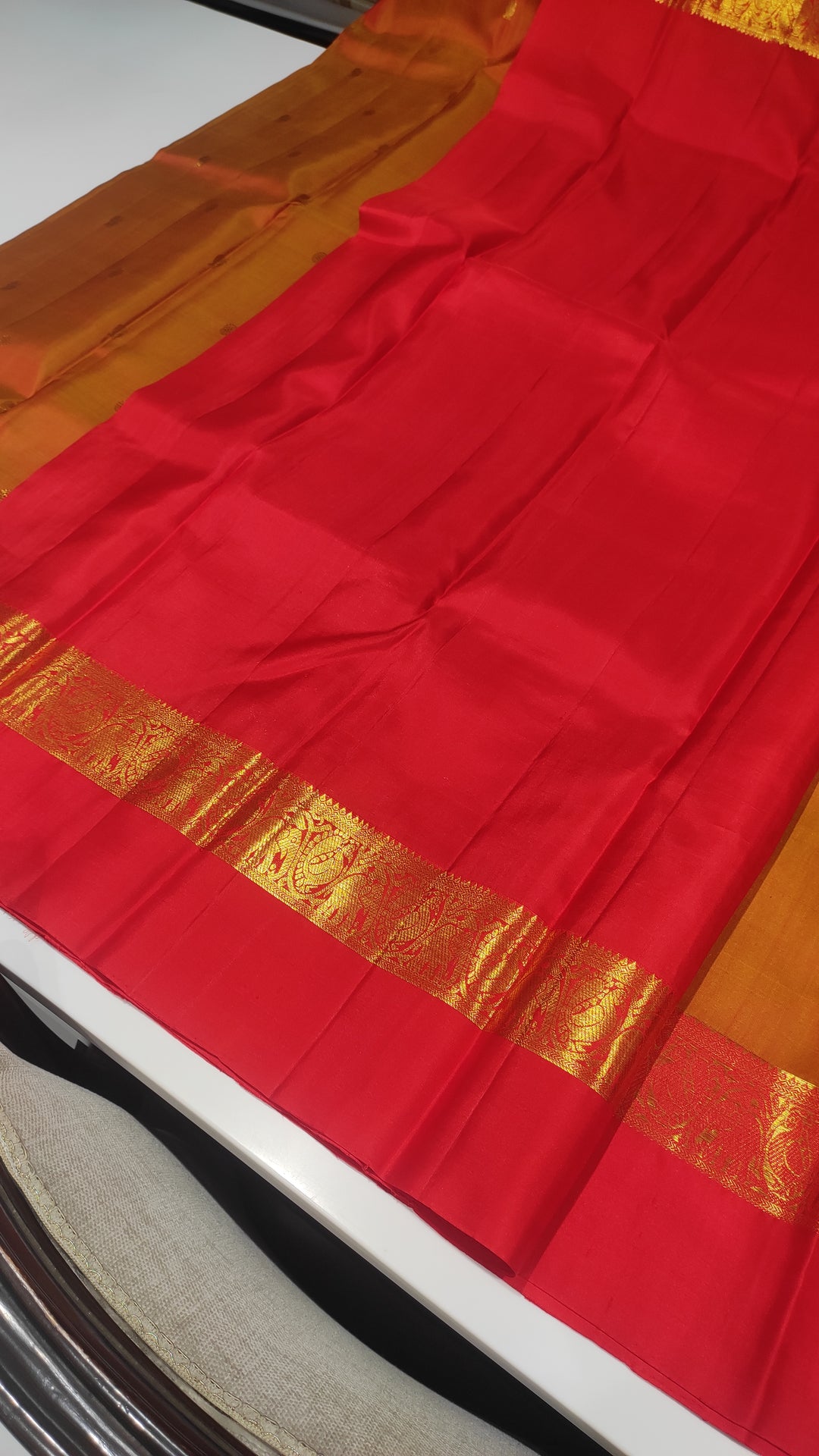 Mustard And Red Kanchipuram Silk Saree - A1096