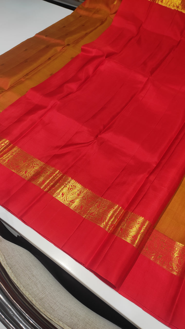 Mustard And Red Kanchipuram Silk Saree - A1096