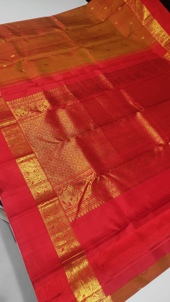 Mustard And Red Kanchipuram Silk Saree - A1096