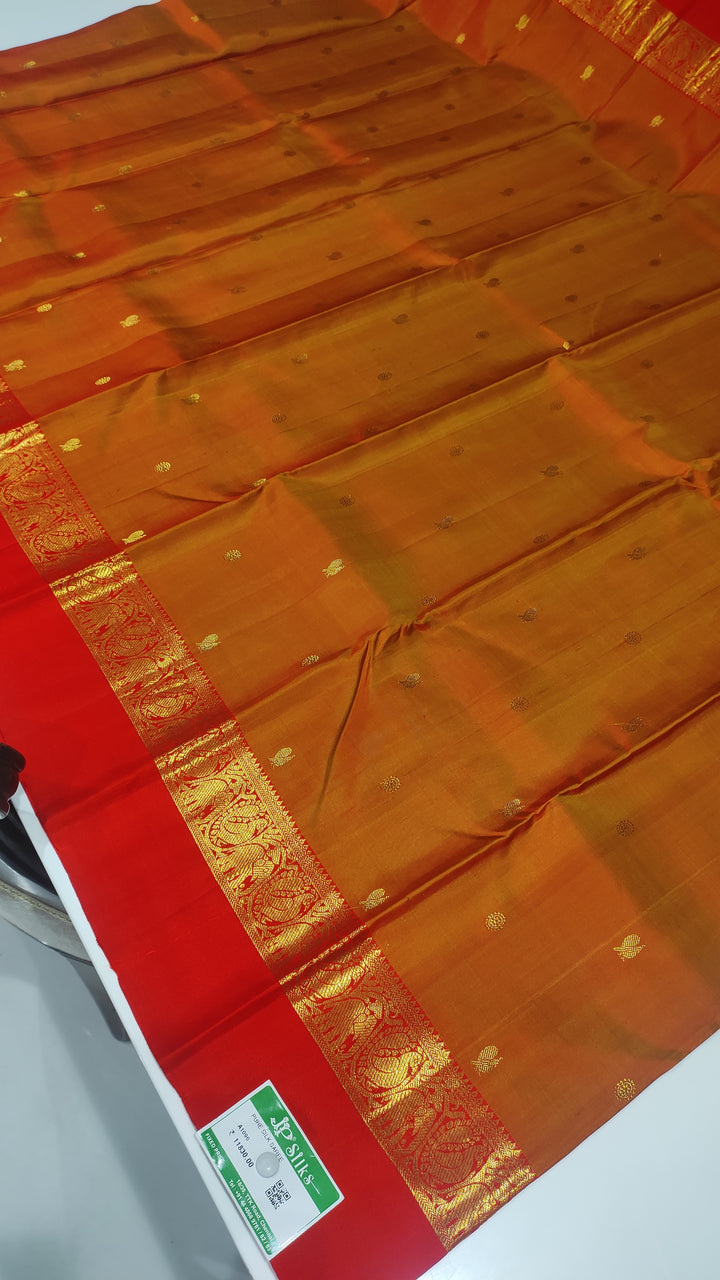 Mustard And Red Kanchipuram Silk Saree - A1096