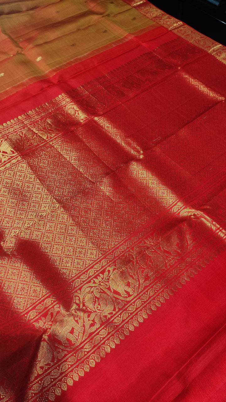 Mustard And Red Kanchipuram Silk Saree - A1096