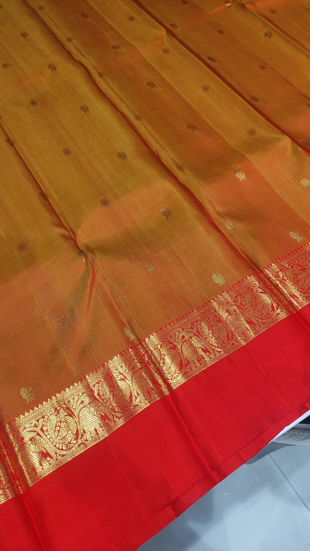 Mustard And Red Kanchipuram Silk Saree - A1096