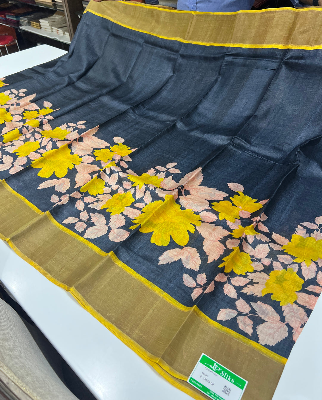 Black Tussar Silk Saree - E6591