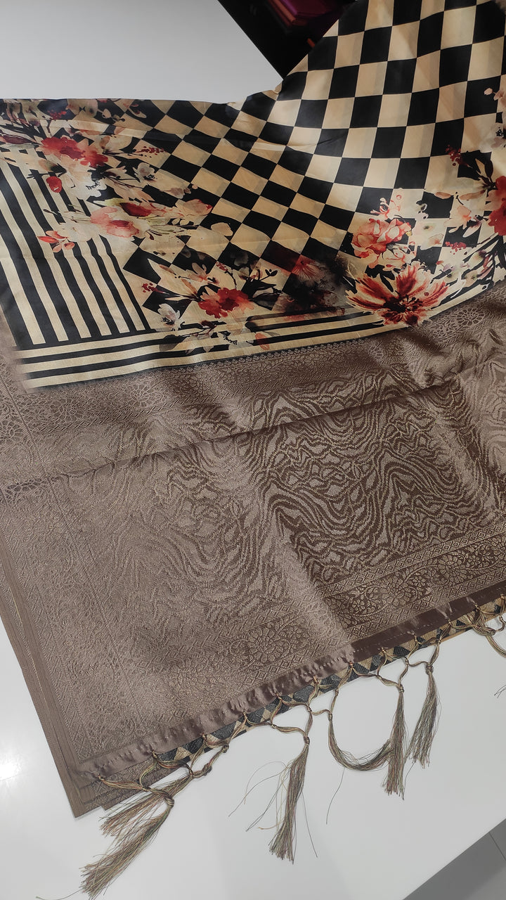 Black and Beige Semi Crepe Fancy Saree - E3296