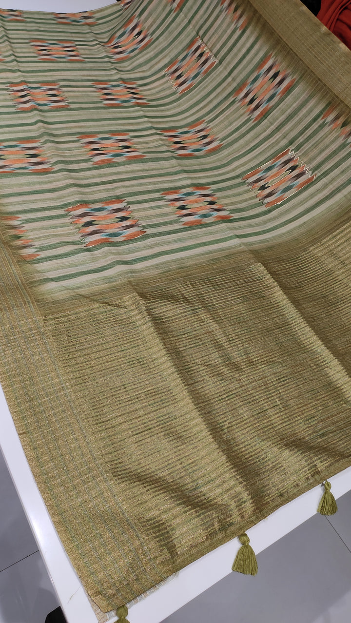 Light Green and Dark Green Linen Fancy Saree - E510