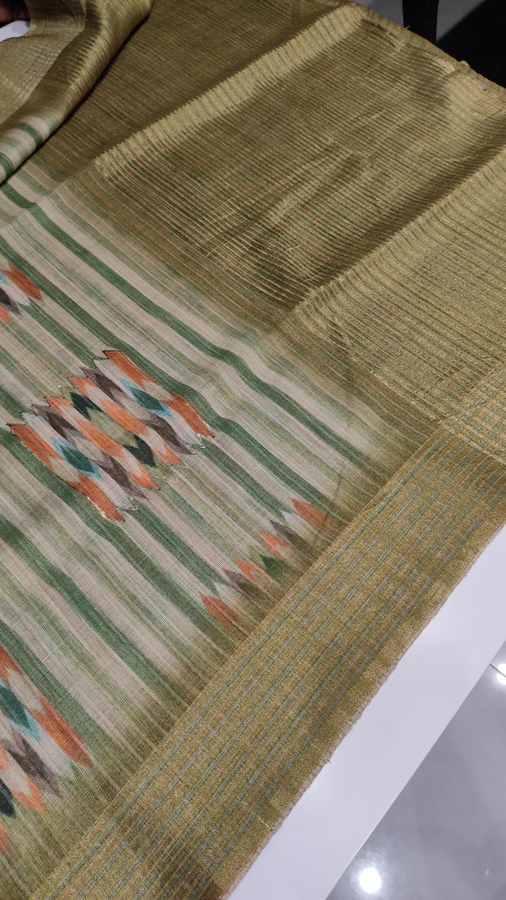 Light Green and Dark Green Linen Fancy Saree - E510