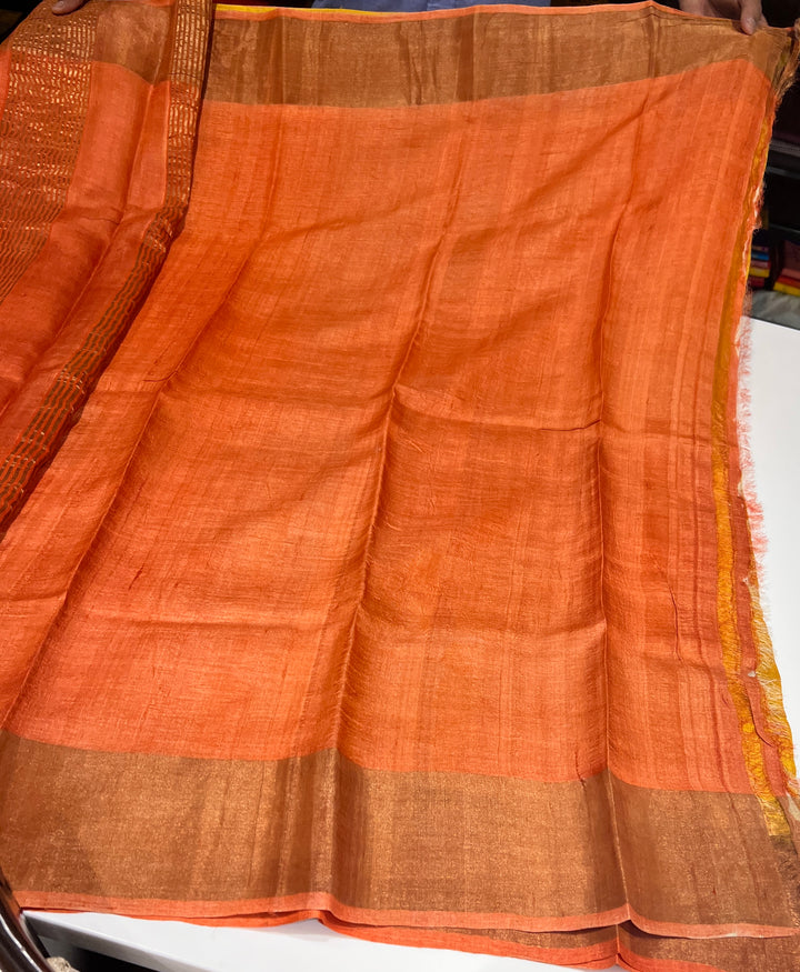Off-White, Yellow And Orange Tussar Silk Saree - E6590