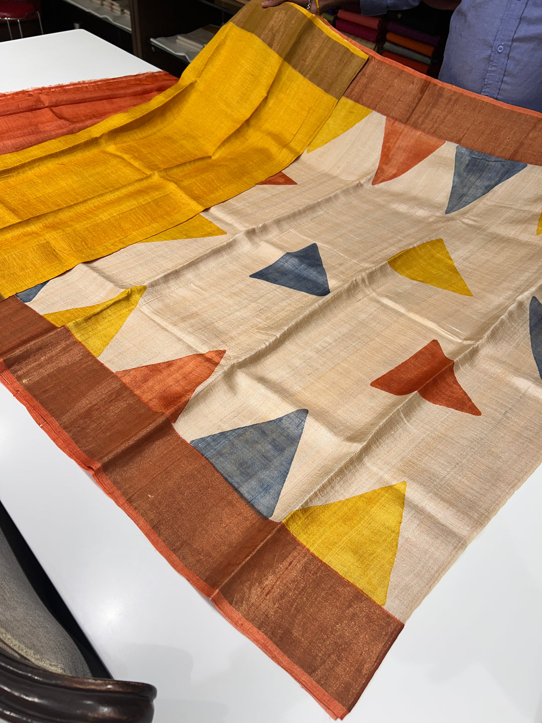 Off-White, Yellow And Orange Tussar Silk Saree - E6590