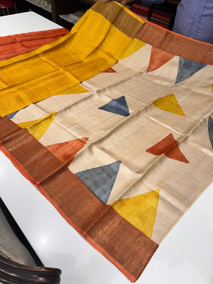 Off-White, Yellow And Orange Tussar Silk Saree - E6590