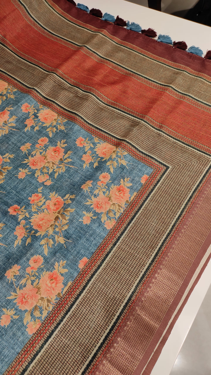 Greyish Blue Semi Tussar Saree - E1181
