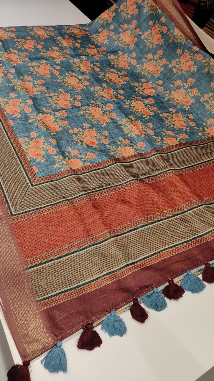 Greyish Blue Semi Tussar Saree - E1181