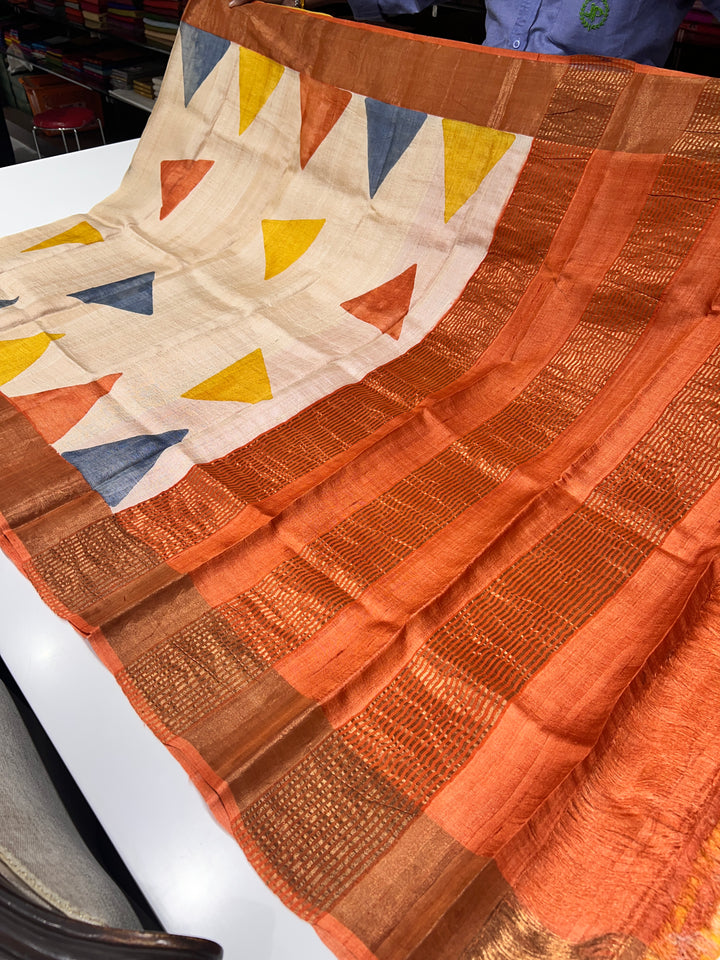 Off-White, Yellow And Orange Tussar Silk Saree - E6590