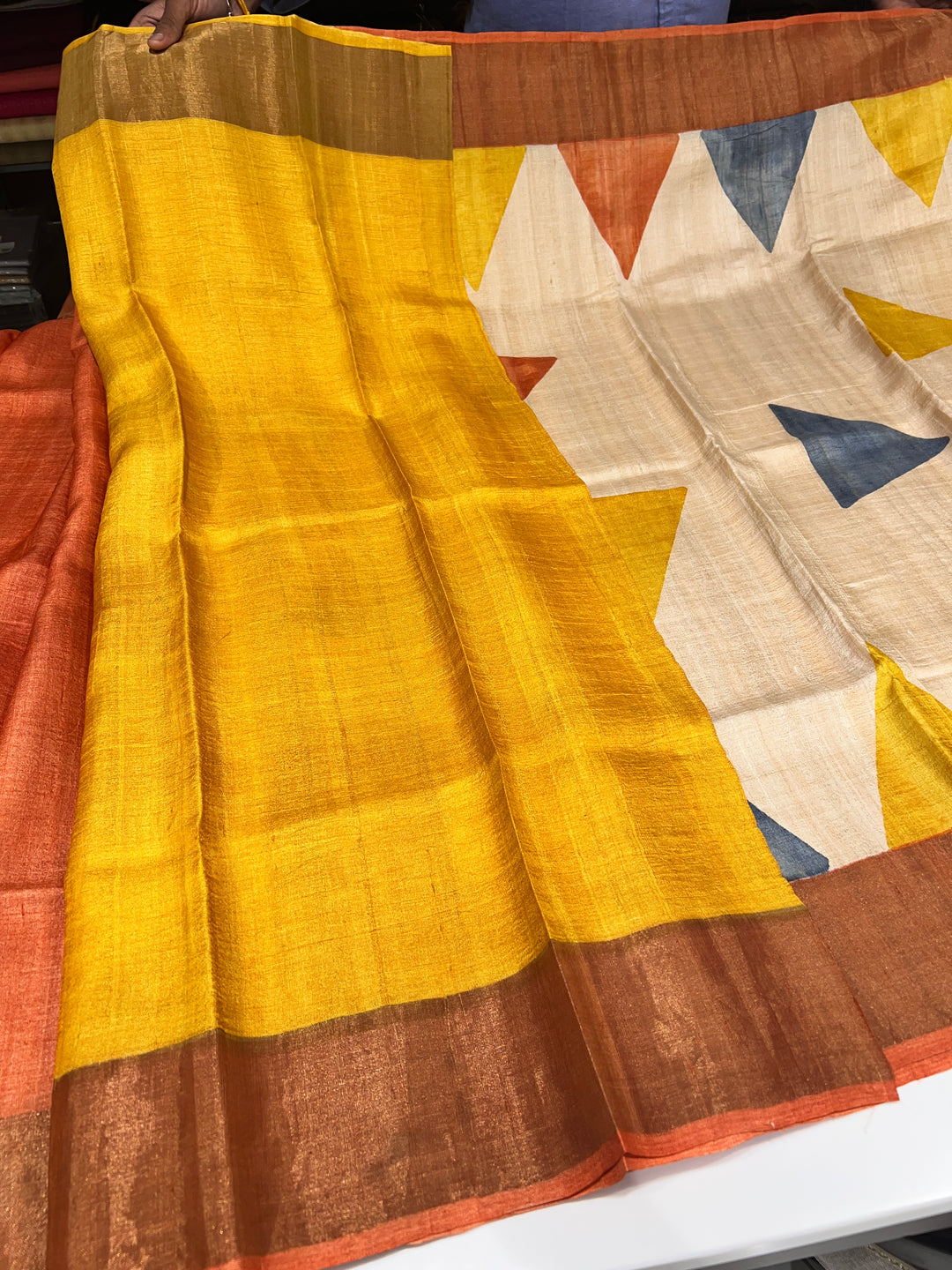Off-White, Yellow And Orange Tussar Silk Saree - E6590