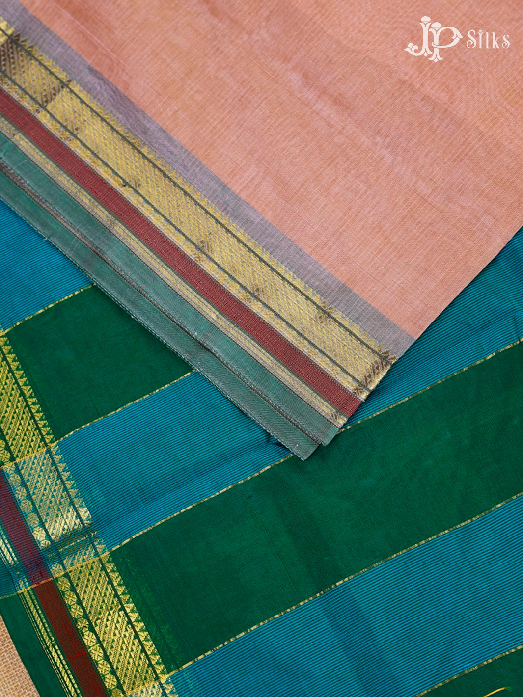 Peach, Teal Blue And Bottle Green Silk Cotton Saree - F3507