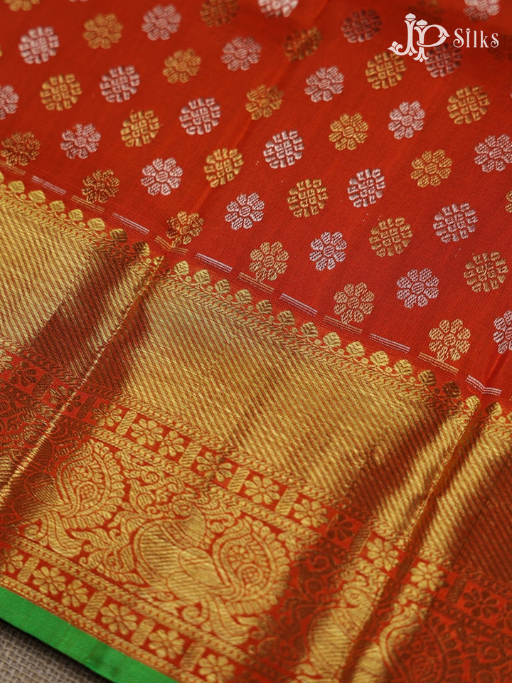 Orange and Parrot Green Pattu Pavadai - D5931 - View 2