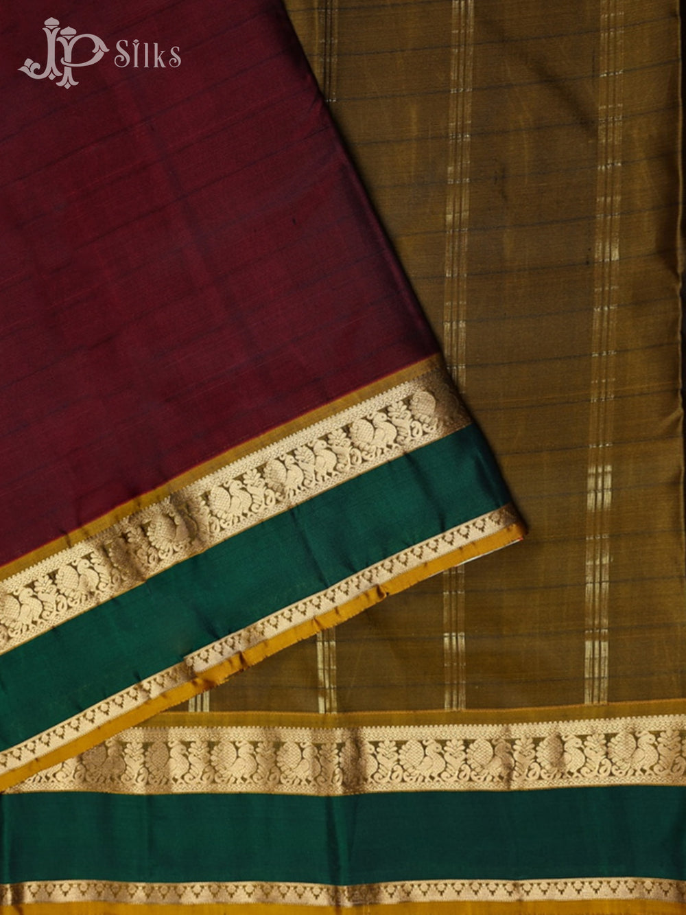 Maroon with Mehandi Green Arani Silk Saree - F2352 - View 2