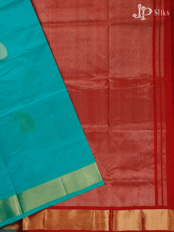 Teal Green And Red Silk Cotton Saree - F3514