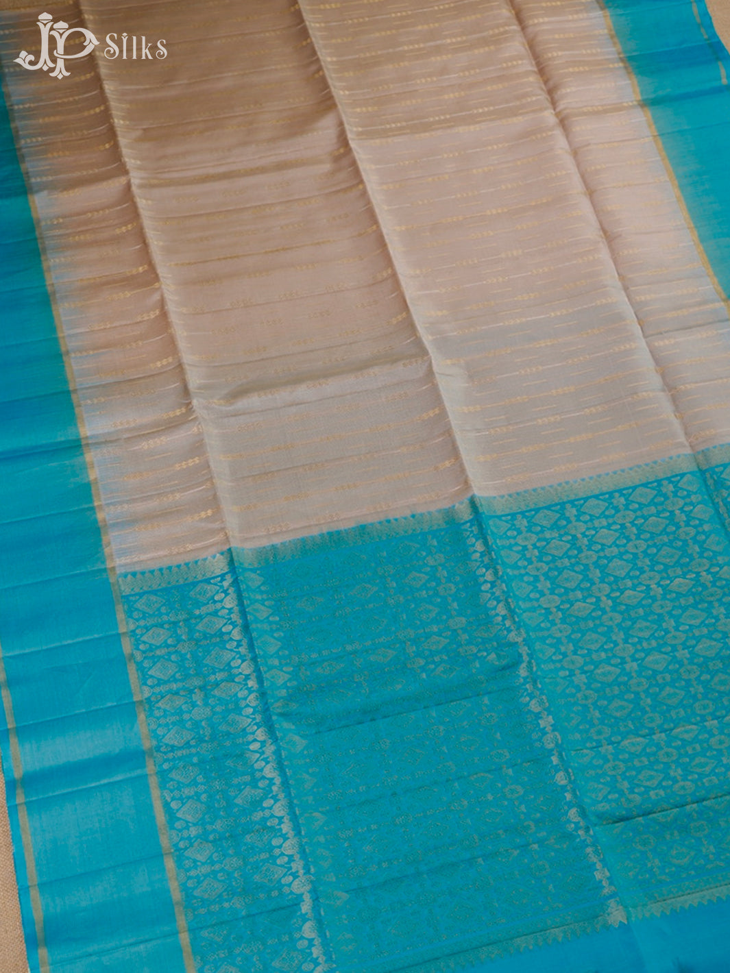 Cream And Sky Blue Soft Silk Saree - F3527