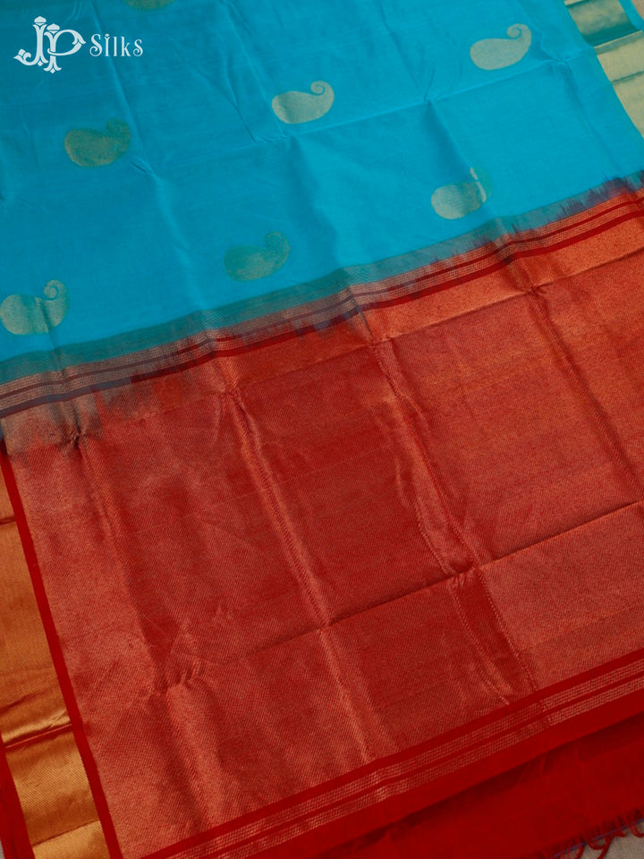 Teal Green And Red Silk Cotton Saree - F3514