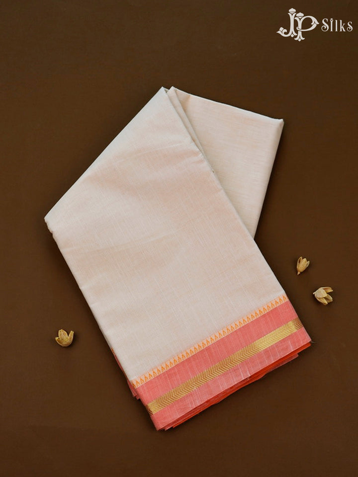 White And Peach Cotton Saree - F2775