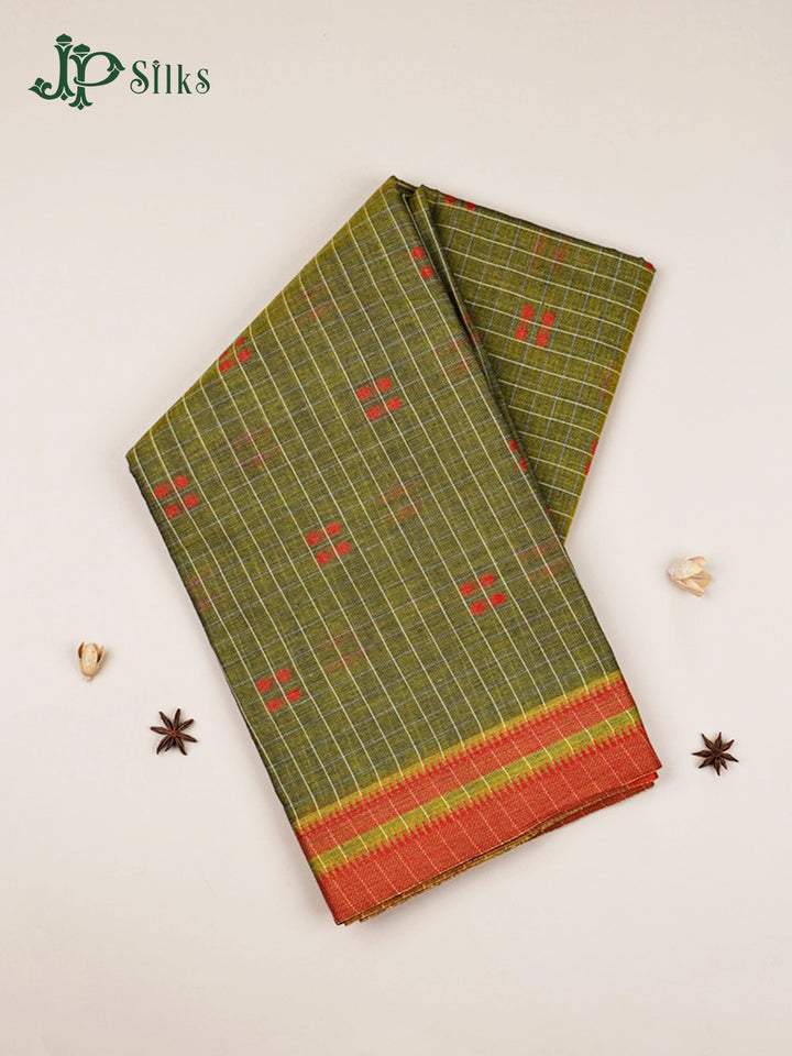 Olive Green And Sunrise Orange Cotton Saree - F2796