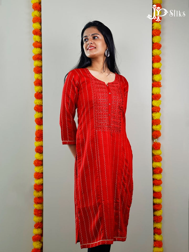 Red Zigzag Design Readymade Kurti Top