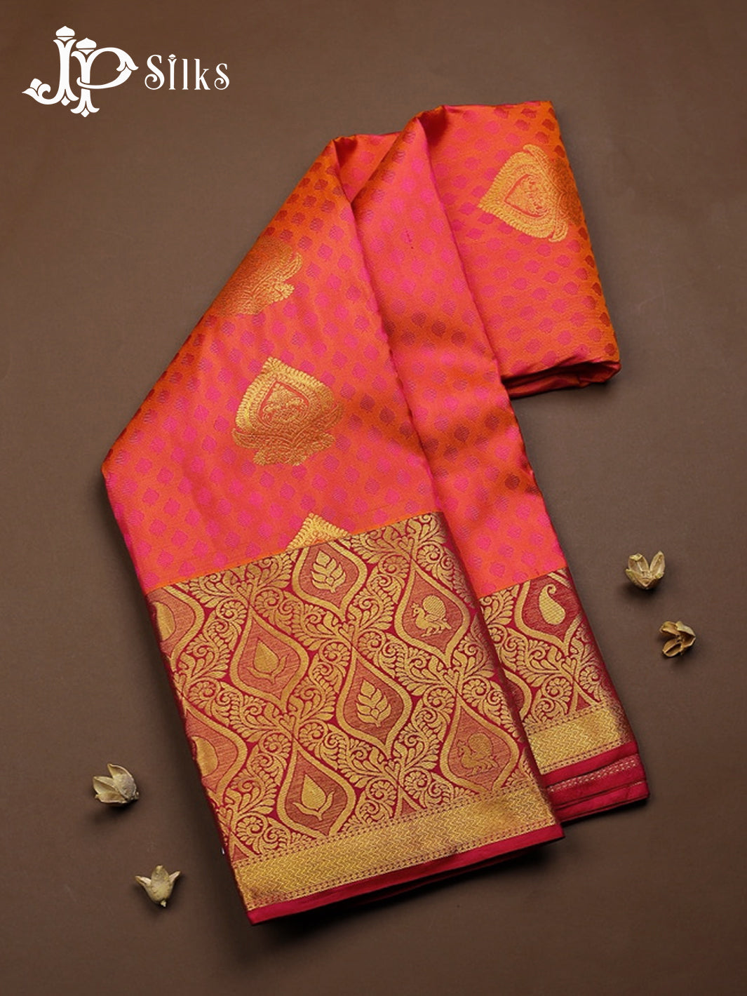 Pinkish Orange with Dark Pink Kanchipuram Silk Saree - A6121 - View 1