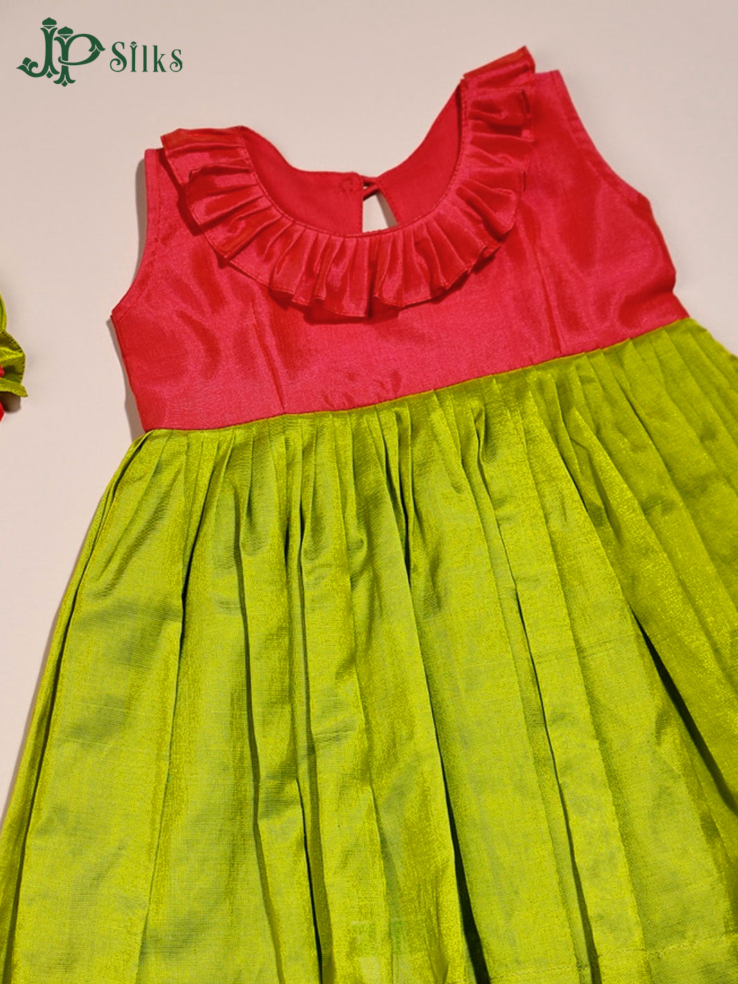 Pink And Green Silk Cotton Pleated Frock | 1 m - 8 m - E4293