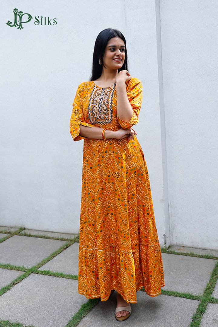 Yellow Bandhini Print Readymade Longdress