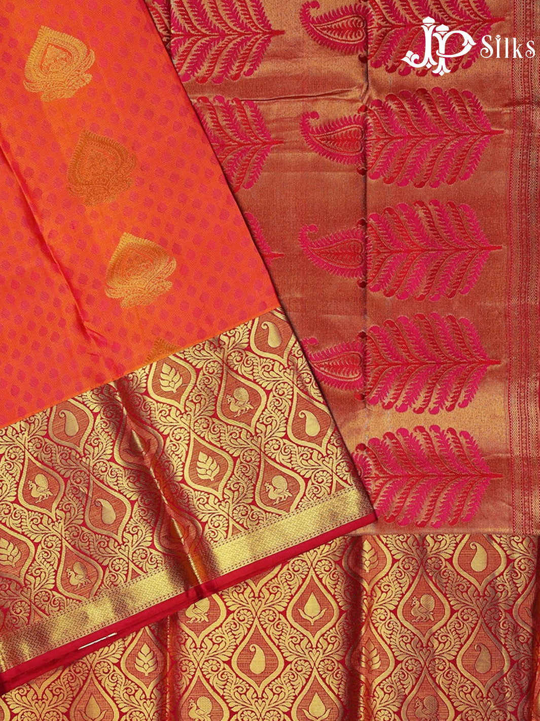 Pinkish Orange with Dark Pink Kanchipuram Silk Saree - A6121 - View 2