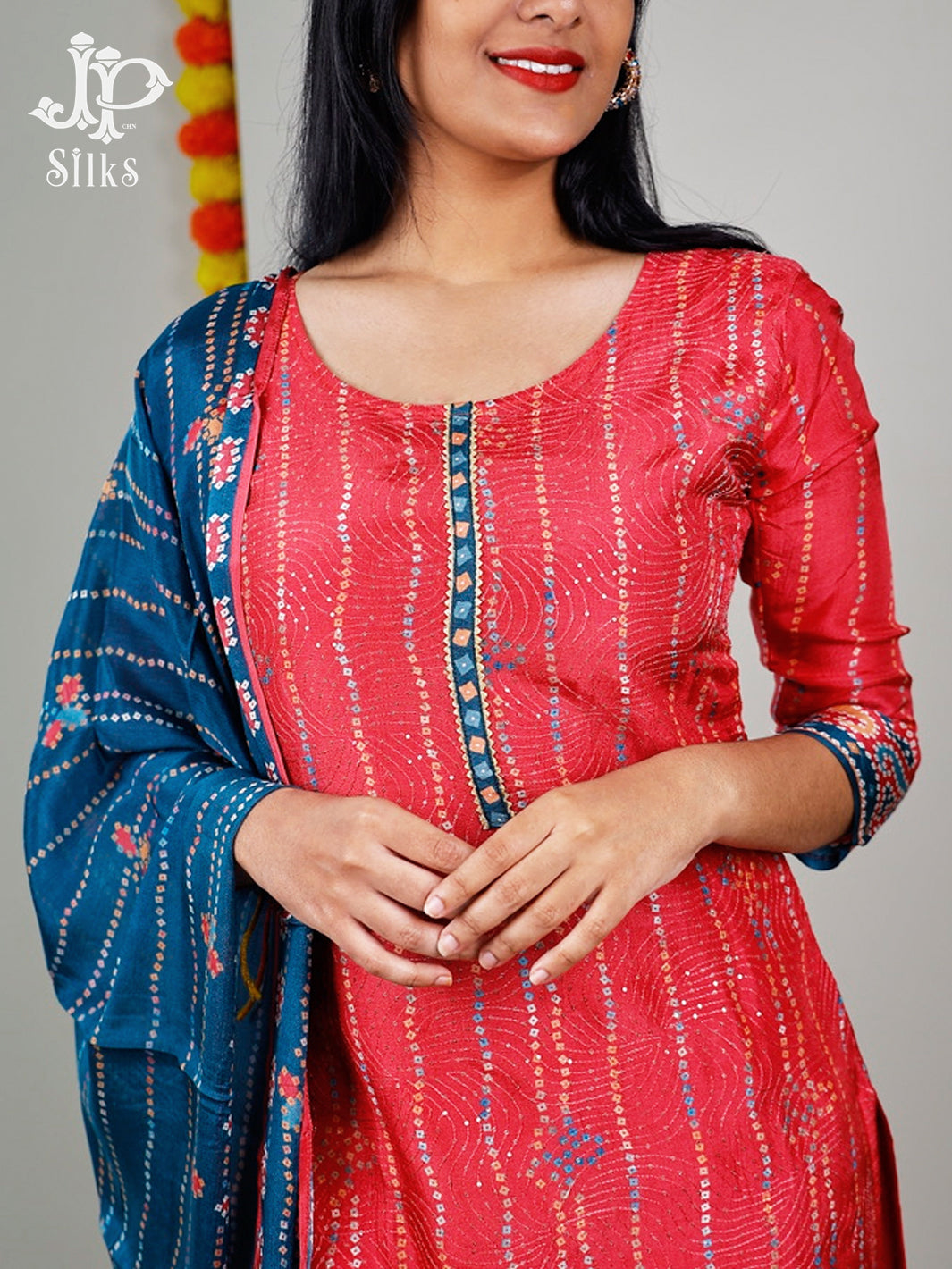 Reddish Pink And Sea Blue Bandhini Print Readymade Salwar Suit